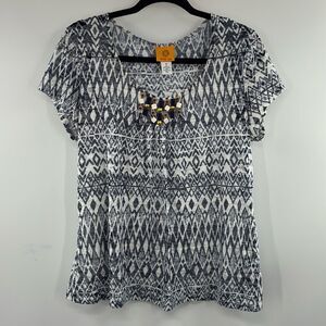 3for$20 Ruby Road Blue/White Tribe Beaded Collar Top size M